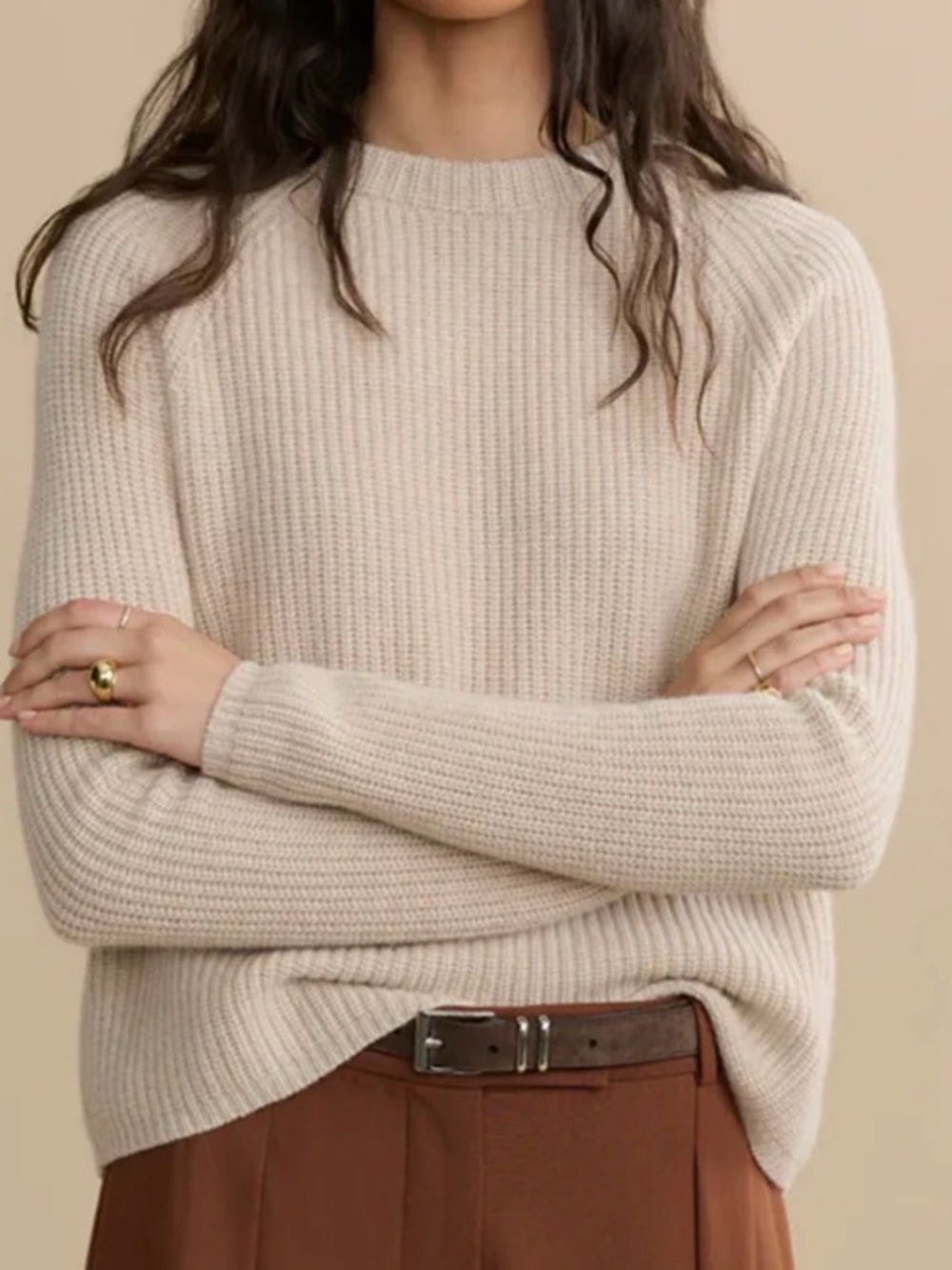 Jenni Kayne Beige Ribbed Crewneck Sweater